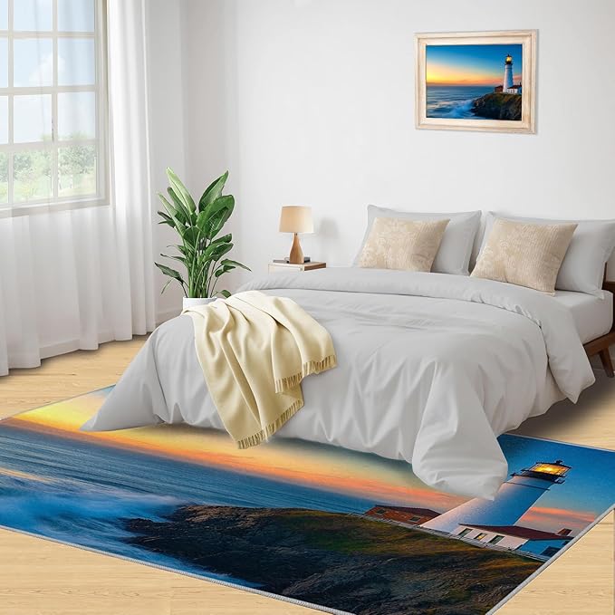 Coastal Rugs for Bedroom - 3x4 Area Rug - Ocean Lighthouse Rugs for Living Room, Sunset Ocean Scenery Rug, Non-Slip Washable Home Decor Carpet