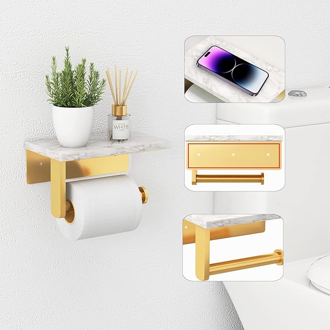 Brushed Gold Toilet Paper Holder with Natural Marble Shelf, 304 Stainless Steel Screw Wall Mounted, Tissue Roll Paper Holder Dispenser for Bathroom Washroom