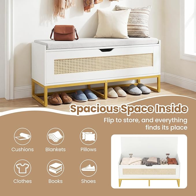 Giantex Rattan Shoe Bench, Flip-Top Entryway Bench with Removable Padded Seat & Hidden Storage, Wooden Shoe Storage Chest with Metal Legs for Bedroom, Hallway, 440 lbs Max Load (White & Gold)
