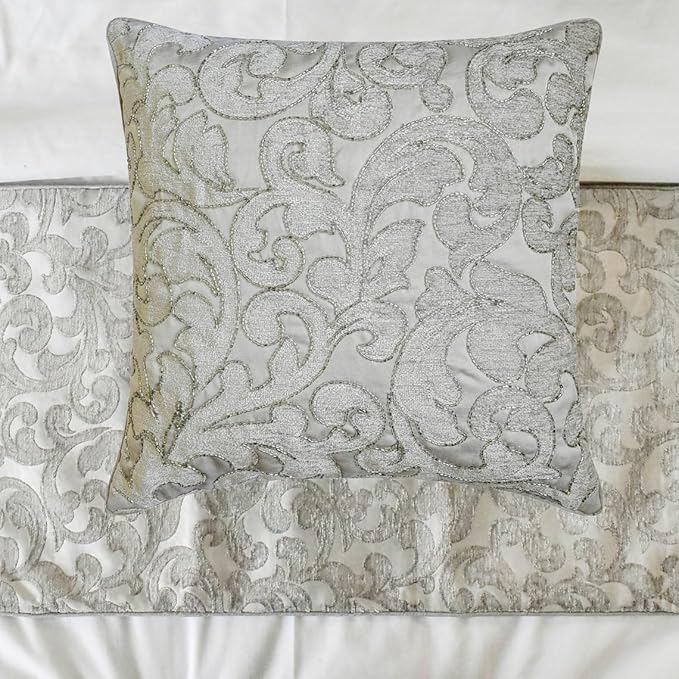 The HomeCentric King/Queen/Twin Silver Decorative King 90"x18" Bed Runner with One Pillow Cover, Abstract, Floral, Bead Hand Embroidery Bed Scarf on Jacquard Fabric - Ethereal Silver