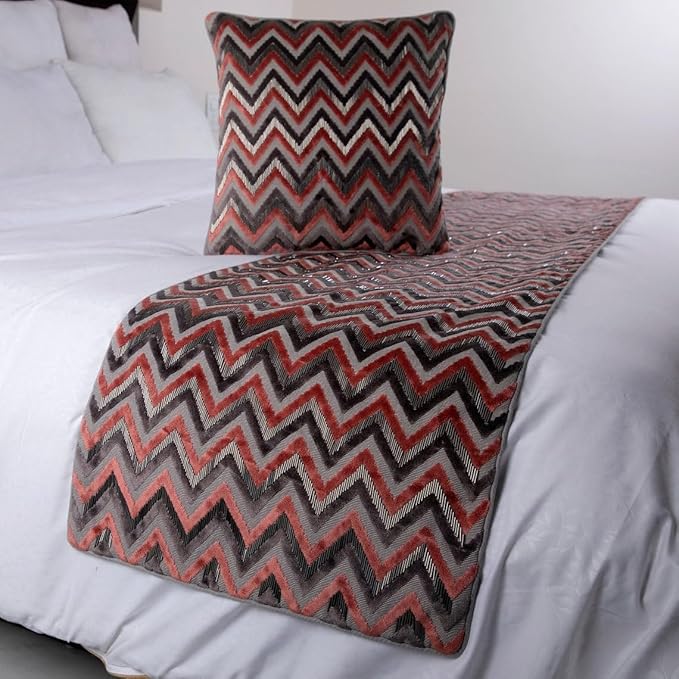 The HomeCentric Grey Bed Runner, King Size 90"x18" Decorative Bed Runner with 2 Matching Pillow Cover, Peach & Grey Velvet Bed Scarf in Bead Embroidery - Blushed Chevron