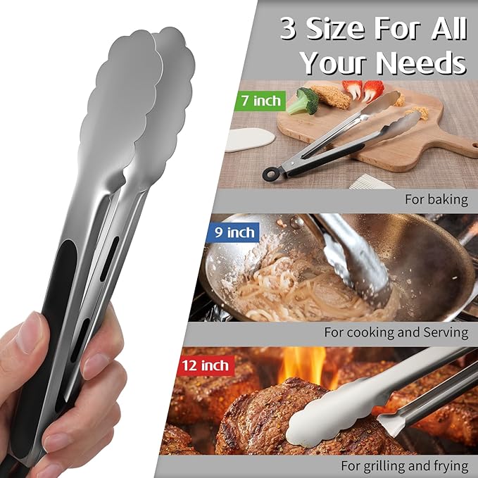 IANFAN 12 Pcs Stainless Steel Kitchen Tongs, 7/9/12 Inches