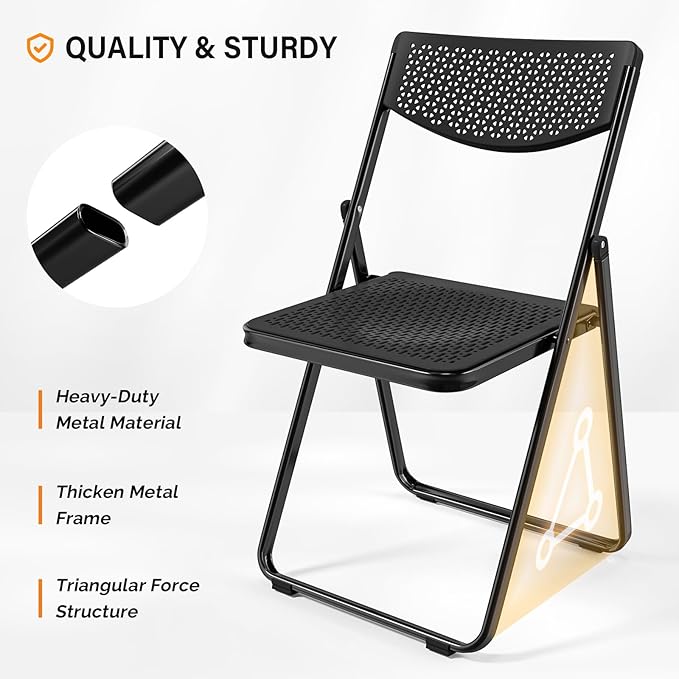 VINGLI Plastic Folding Chairs, Comfortable Foldable Chair with Breathable Mesh Seat and Sturdy Metal Frame 350lbs Capacity for Indoor and Outdoor Use, Party, Event, Office, Dining, Black, 6 Pack