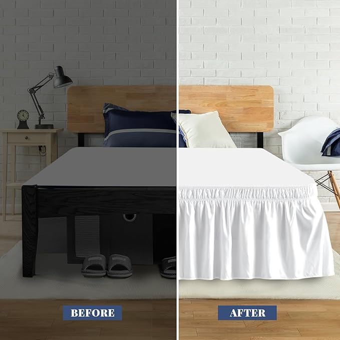 Twin Bed Skirt, Elastic Wrap Around Bed Skirt Twin Size, Bed Skirts for Adjustable Bed, Easy Fit with 18" Drop Length Tailored Drop Dust Ruffle (White)