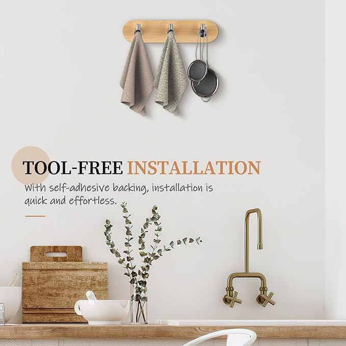 Nekon Bamboo Key Holder for Wall, Wall Mount Key Organizer with 3 Hooks, Decorative Coat Rack for Entryway, Kitchen, Bedroom, Bathroom (Silver Hooks)