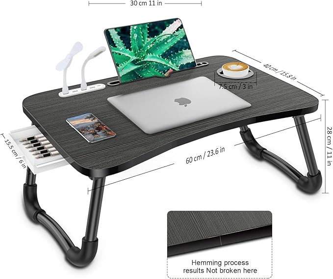 Zapuno Laptop Lap Desk, Foldable Laptop Table Tray with 4 USB Ports Storage Drawer and Cup Holder, Lap Bed Desk Notebook Stand Laptray Portable Standing Table for Bed Couch Floor