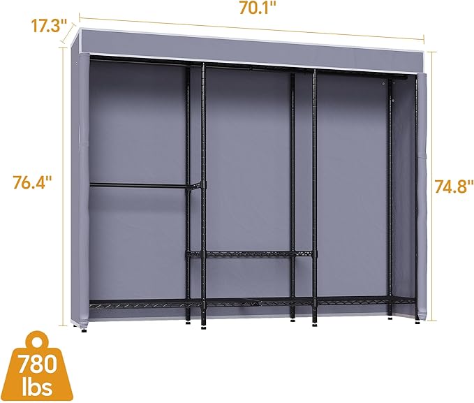 Higeego H8 Heavy Duty Clothes Rack with Cover, Covered Garment Rack with Shelves, Wardrobe Closet with Cover, Portable Closet Organizer Storage, Black Clothing Rack with Grey Cover