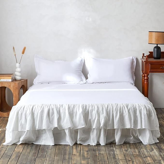 BISELINA White Ruffled Bed Skirt 18-Inch Tailored Drop Cotton Voile Dust Ruffle Soft Cozy Elegant Luxurious Bedding (18" King, White)