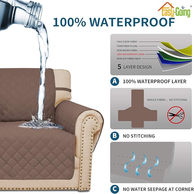 Easy-Going Sofa Slipcover Chair Cover Waterproof Couch Cover Washable Sofa Cover Non-Slip Fabric Furniture Protector with Pocket for Pets Covers Pets Kids Children Dog Cat (Chair, Brown