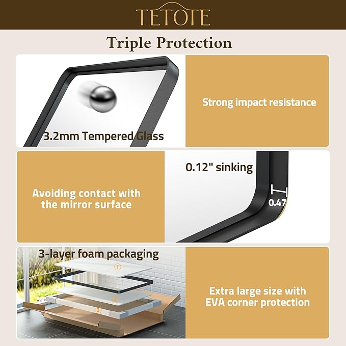 TETOTE Black Vanity Mirror 48 x 30 Matte Black Bathroom Mirrors, Tempered Glass, Modern Farmhouse Wall Mounted Mirror for Decorative(Horizontal/Vertical)