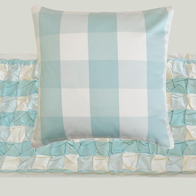 The HomeCentric King/Queen/Twin Aqua Decorative Bed Runner Full 68"x18" Bed Runner with One Pillow Cover, Checkered, Buffalo Plaid, Check Bed Scarf on Cotton Fabric - Aqua Plaid Knots