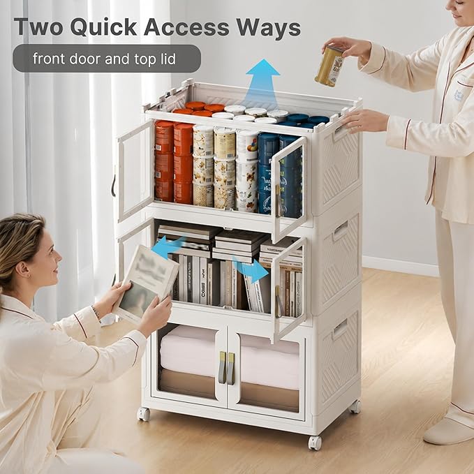 UAMFURI Stackable Storage Bins with Lids, Clear Doors, Large Storage Cabinet Foldable Collapsible Closet Organizers for Bedroom Dorm Office (1, White, 160, Quarts)