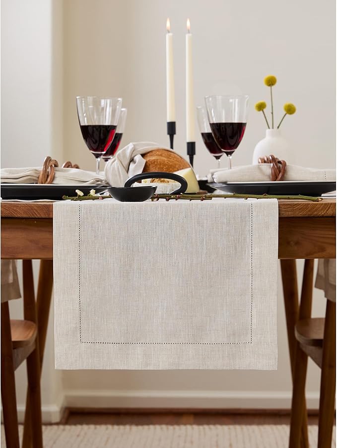 Solino Home Linen Light Natural Table Runner 60 Inches - Classic Hemstitch, 100% Pure Linen Coffee Table Runner 14 x 60 Inch Ideal for Dresser Tables - Christmas, New Year