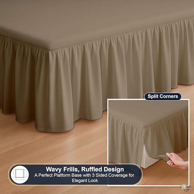 Cottington Lane Ruffled Bed Skirt Twin Size with Split Corner, Brushed Microfiber Hotel Quality Taupe Dust Ruffle, 16 Inch Drop Gathered Bedskirt, Soft and Stylish, Shrinkage and Fade Resistant