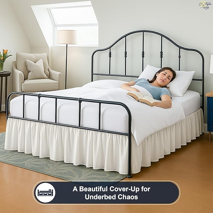 Cottington Lane Ruffled Bed Skirt Full Size with Split Corner, Brushed Microfiber Hotel Quality Ivory Dust Ruffle, 24 Inch Drop Gathered Bedskirt, Soft and Stylish, Shrinkage and Fade Resistant
