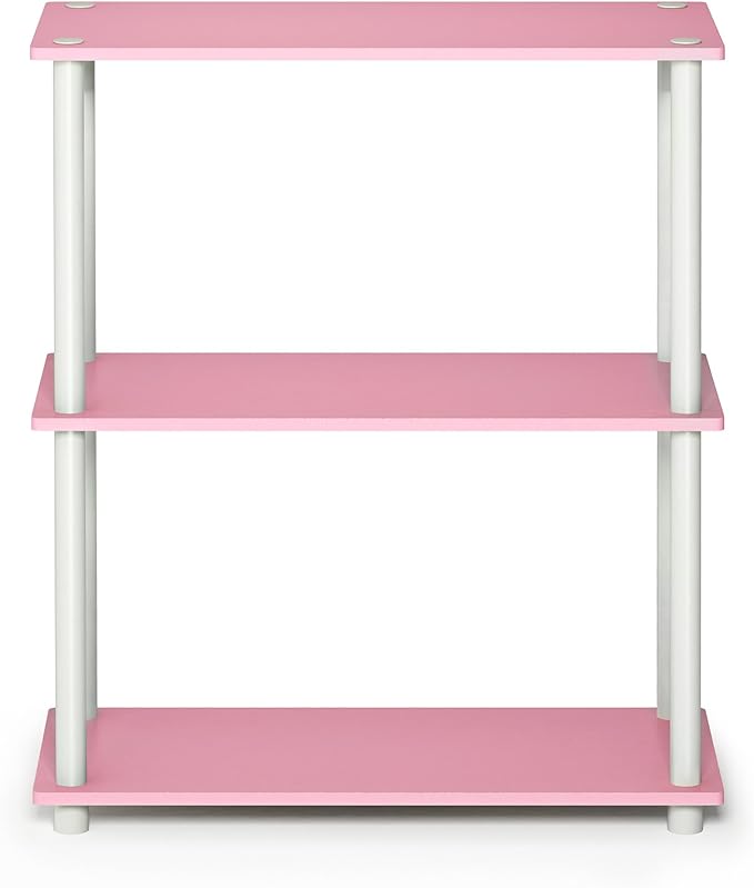 Furinno TURN-N-TUBE Storage Shelves, 3-Tier Book Shelf, Corner Shelf, Toolless Open Shelves, for Organization and Storage, Living Room, Garage, Home Office, Pink