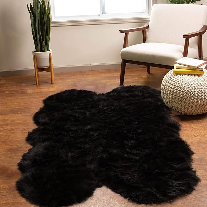 Latepis Black Faux Fur 4x6 Area Rug Tapetes para Sala for Bedroom Fluffy Plush Shag Rug for Living Room Furry Rugs Washable Rug Luxury Home Décor