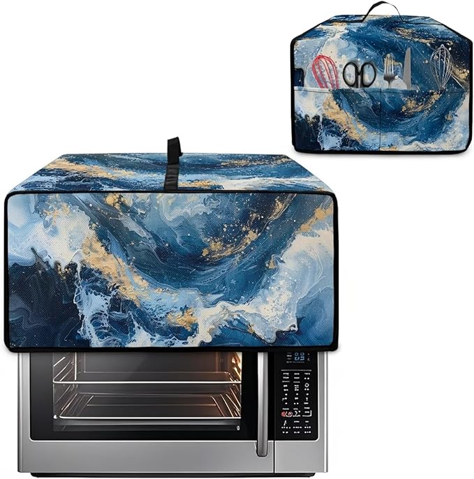 Blue Golden Marble Texture Print Microwave Oven Cover Dust-Proof Polyester-Linen Fabric Toaster Oven Cover Easy to Clean Microwave Grill Cover Protector with Top Handle, S