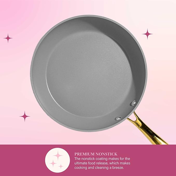 Paris Hilton Iconic Nonstick Pots and Pans Set, Multi-layer Nonstick Coating, Matching Lids With Gold Handles, Made without PFOA, Dishwasher Safe Cookware Set, 10-Piece, Cream