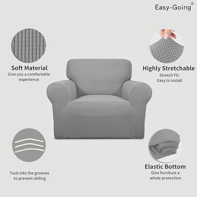 Easy-Going Stretch Chair Sofa Slipcover 1-Piece Couch Sofa Cover Furniture Protector Soft with Elastic Bottom for Kids, Pet. Spandex Jacquard Fabric Small Checks (Chair, Light Gray)