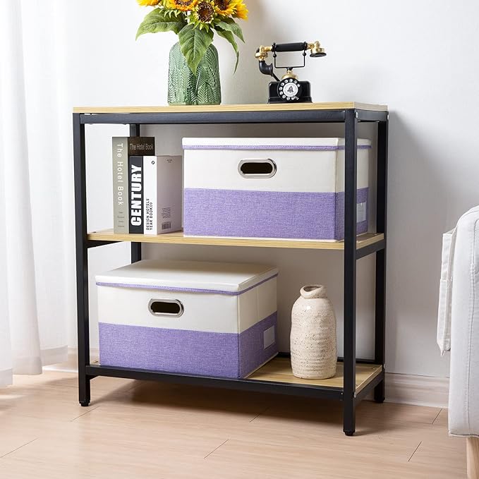 PRANDOM Large Foldable Storage Bins with Lids [3-Pack] linen Fabric Decorative Storage Boxes Organizer Containers Baskets Cube with Handles Divider for Bedroom Closet Purple&Cream(17.7x11.8x11.8)
