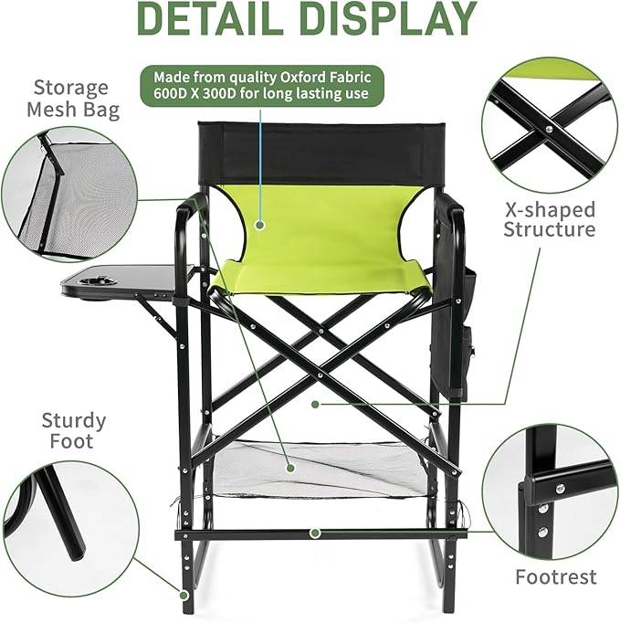Outvita 2 Piece 31" Tall Directors Chair Height Seat Folding with Side Table Storage Bag, Support for 300Lbs Portable Makeup Artist Chair with Bar Height(Green/Black)