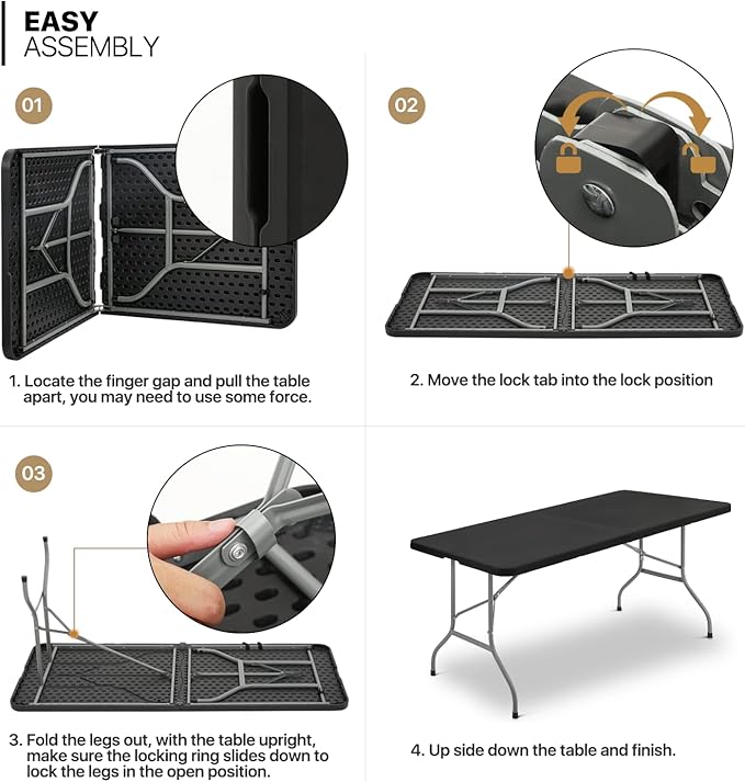 MoNiBloom 6Ft Folding Table, Heavy Duty Portable Plastic Dining Tables Fold in Half Indoor Outdoor Desk w/Handle, Lock for Camping Picnic Party, Black