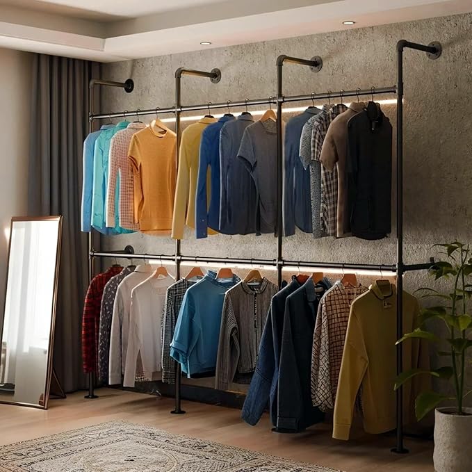 Industrial Pipe Black Clothing Racks Wall Mounted, Rustic Industrial Pipe Clothes Rack Design - Stylish & Heavy Duty Corner Garment Racks, Perfect for Home or Retail Display