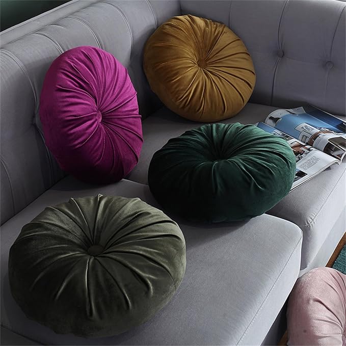 Round Throw Pillow Velvet Pumpkin Pleated Meditation Pillow Solid Color Home Decorative Throw Pillow Floor Cushion for Sofa Chair Living Room Decoration (Pink)