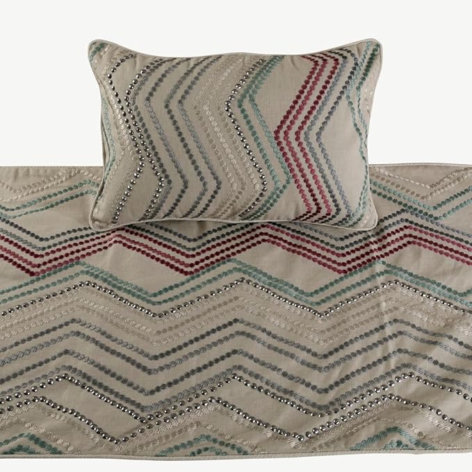 The HomeCentric King Queen Twin Beige Linen Bed Runner & Decorative Throw Pillow Cover, Queen Size 74"x18" Bed Runner & Pillow Cover, Linen & Embroidery, Chevron Modern Pattern - Dotty Chevron