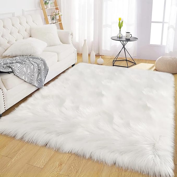 Latepis White Faux Fur Rug 3x5, Faux Sheepskin Rugs for Living Room, Fluffy Washable Rug for Bedroom Dorm Luxury Room Decor, Furry Rugs, Rectangle