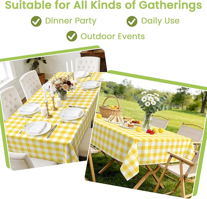 Mulbozy 4 Pcs Yellow Checkered Tablecloth 54 ×108 Inches Rectangle Yellow Gingham Tablecover Disposable Plastic Waterproof Table Cover for Outdoor Picnic, Kitchen, Holiday Birthday Party