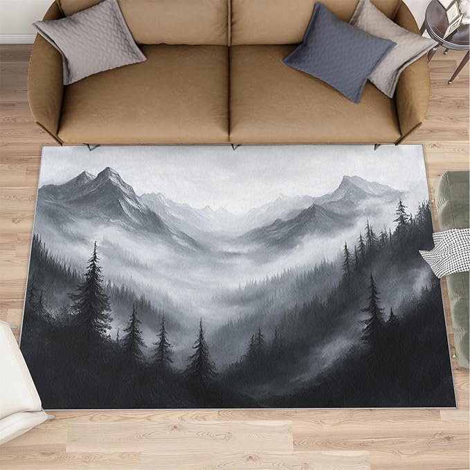 Misty Forest Rugs for Bedroom - 5x8 Area Rug - Modern Black White Art Rugs for Living Room, Natural Landscape Rug, Washable Home Decor Carpet