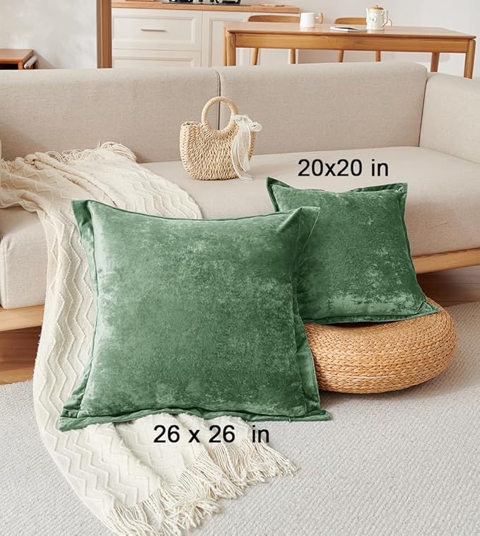Luxurious Velvet Throw Pillow Covers 20x20 Set of 2 Decorative Pillow Covers Solid Square Cushion Case for Sofa Couch Bedroom Farmhouse, Green