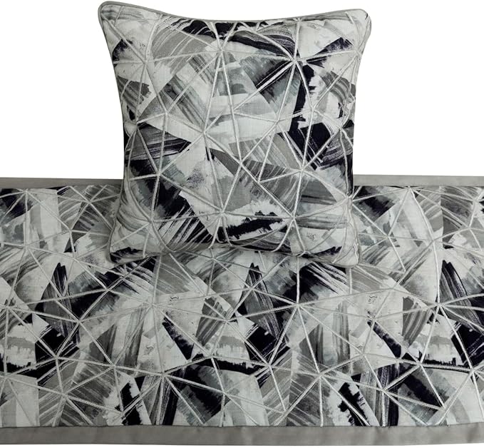 The HomeCentric King/Queen/Twin Grey Decorative Twin 53"x18" Bed Runner with Pillow Cover, Print & Embroidery Bed Scarf on Cotton Fabric - Grey Angular