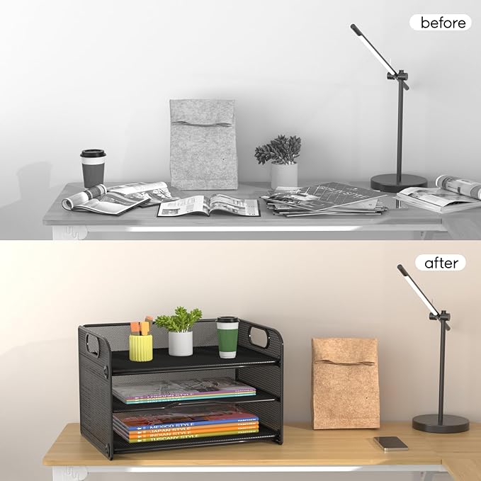 Samstar 3 Tier Letter Tray Paper Organizer with Handle, Mesh Desk Organizer Paper Sorter File Rack Shelves, Black