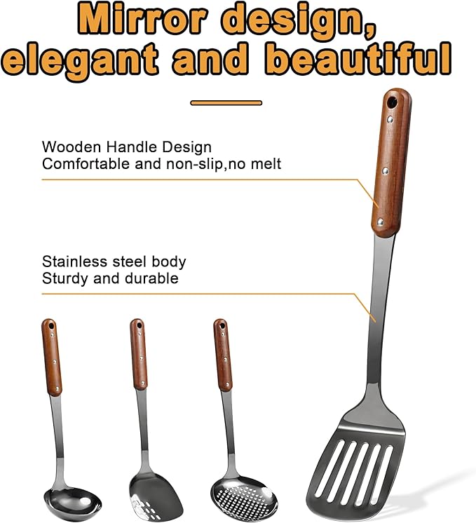 FJNATINH Stainless Steel Wok Spatula,Slotted Spatulas,Ladle,Skimmer Ladle Tool Set,Mirror Polished Cooking Utensils Kitchen Cookware, Pack of 4,Black