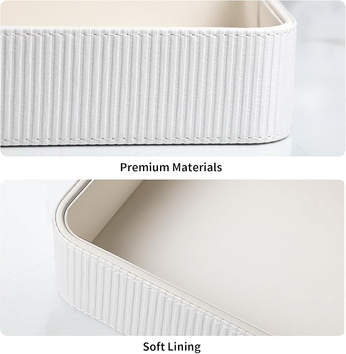 PU Leather Valet Tray Organizer, Modern Nightstand Organizer Bedside Desktop Storage for Womens and Men, Decorative Perfume Trinket Catchall Vanity Tray for Key Watch Wallet (White)