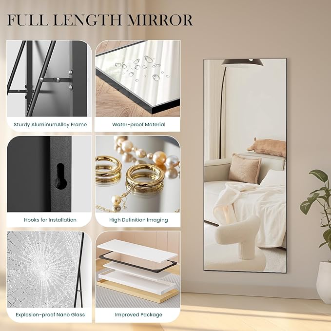 NEWBULIG 64"x21" Full Length Mirror, Full Body Floor Mirror with Aluminum Alloy Thin Frame, Wall or Standing Mirror for Bedroom, Living Room, Dressing Room, Black