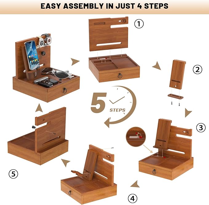 Wood Phone Docking Station, Nightstand Organizer with Drawer, Bedside Table Organizer for Watch & Accessories, Christmas Anniversary Birthday Gifts for Men,Dad,Husband