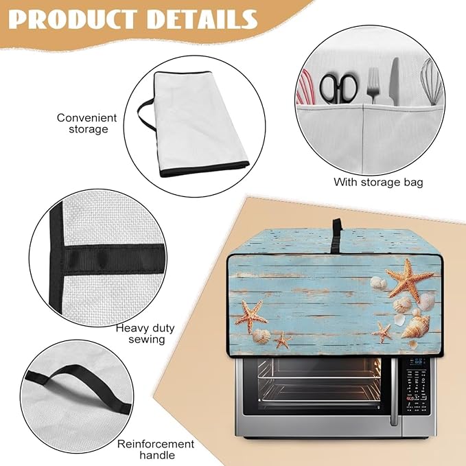 Dustproof Microwave Oven Cover Polyester-Linen Fabric Dust Cover for Microwave Oven Foldable Kitchen Machine Covers with Storage Pockets, Starfish Seashell Wood Grain Print, M