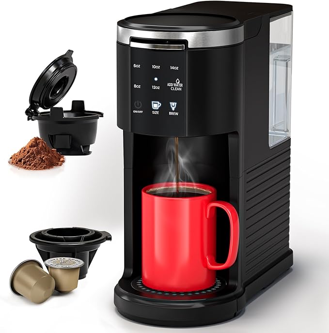 WAA Single Serve Coffee Maker, 2 in 1 Coffee Machine for Capsule & Ground Coffee, 6 to 14oz Brew Size, 40oz Removable Reservoir, Coffee Brewer with Auto Shut-off, Self-Cleaning, Memory Function, Black