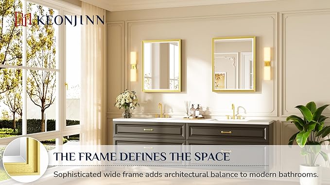 Keonjinn Brushed Gold Bathroom Mirror 24" x 30", Beveled Edge Tempered Glass, Aluminum Alloy Wide Framed, Rustproof, Rectangle, Modern Farmhouse Gold Mirrors for Over Sink(Vertical/Horizontal)