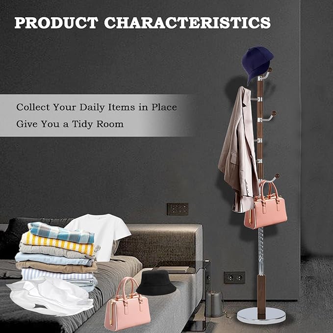Coat Racks FreeStanding with 11 Hooks, Natural Wood Coat Rack with Solid Round Base, Adjustable Height Coat Racks, Easy Assembly for Hallway, Bedroom and Office (Walnut Metal)