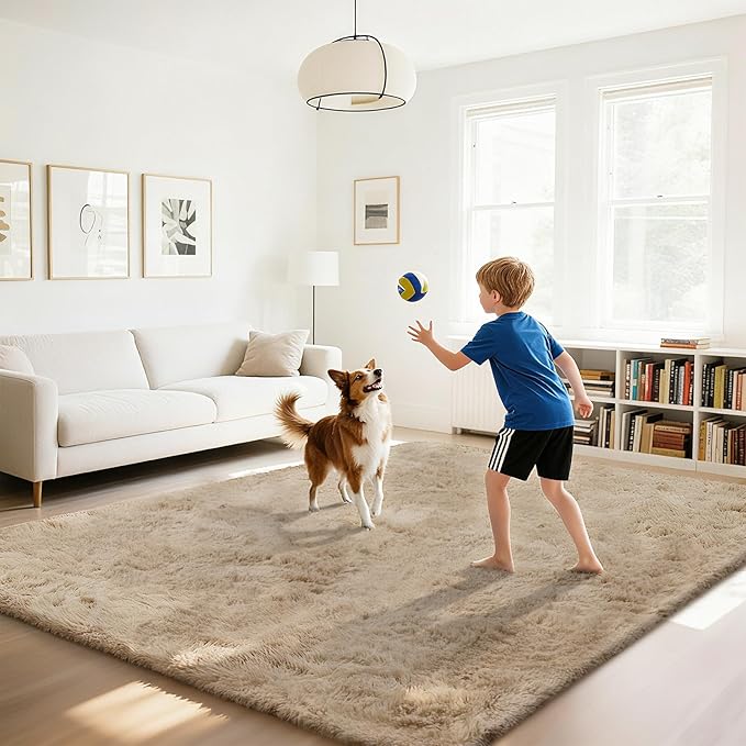 Fluffy Rug Shaggy Area Rug, Beige 8x10 Area Rugs for Living Room, Large Shag Area Rugs for Bedroom Kids Room Home Decor, Upgrade Anti-Skid Rectangular Fuzzy Rugs