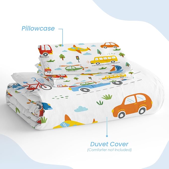 SANDJEST Transportation Duvet Cover Sets Full Size for Kids Boys, Incude 1 Polyester Comforter Cover 80x90 Inches and 2 Pillowcases 20x26 Inches, Comforter Not Included, Gift for Christmas Birthday