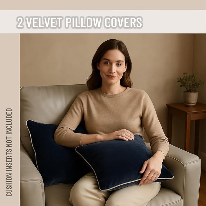 2 Pack Velvet Decorative Throw Pillow Covers, 12"x20", Navy Blue and Grey, Solid, Modern, Contrast Piping, Indoor Use, Bedroom & Living Room