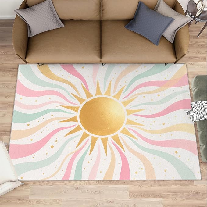 Boho Sun Area Rugs 8x10ft, Minimalist Sunburst Area Rug for Living Room, Abstraction Deco Modern Rug with Double Sided Carpet Tape for Bedroom Men Room Decor