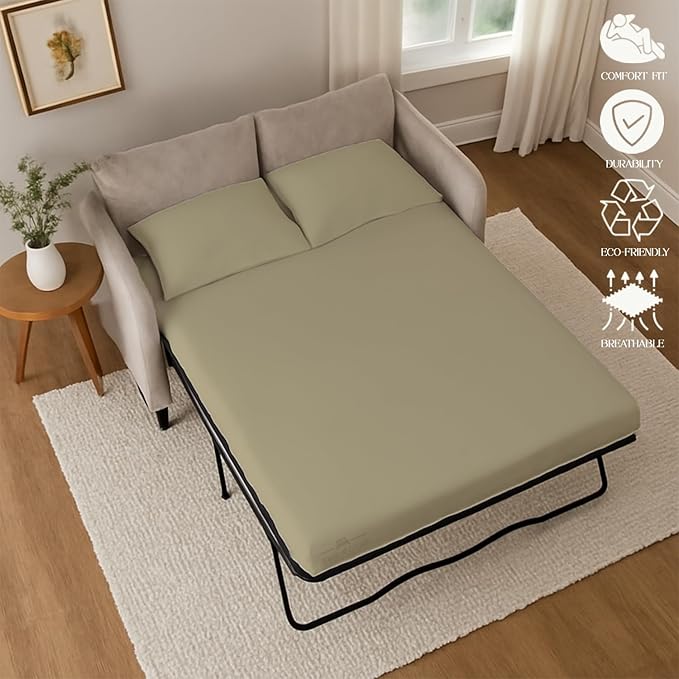 Sleeper Sofa 4 Piece Bed Sheet Set Premium Quality 100% Cotton 500 Thread Count, Smooth & Super Soft Sateen Weave, Extra Soft Bed Sheets, Wrinkle Free, 8 Inch Deep Pocket (Full, Beige)