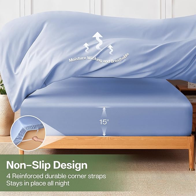 MR&HM Twin Fitted Sheet Only, Ultra-Soft Rayon Derived from Bamboo & Polyester Blend, Silky & Breathable, 15" Deep Pocket with Elastic Straps, Cooling Fitted Sheet for Hot Sleepers, Light Blue
